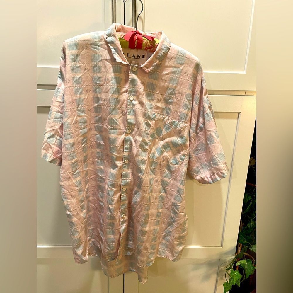 Vintage 90s Frank Geometric Button Down Mens Shirt Light Pink & Light Blue Sz L